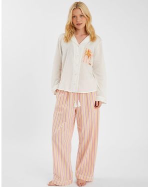 Accessorize Embroidered Stripe Cotton Long Pyjamas Set - White
