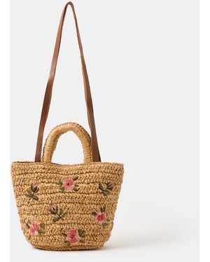 Accessorize Floral Embroidered Raffia Bag - Brown