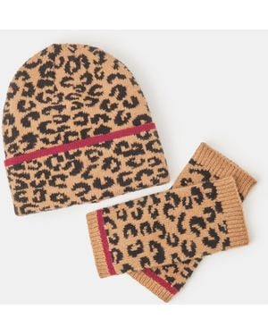 Accessorize Leopard Print Beanie & Fingerless Gloves Set - White