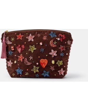 Accessorize Large Celestial Embellished Velvet Pouch - Red