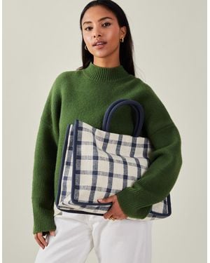 Accessorize And Cream Checked Cotton Woven Check Print Shopper Bag - Green