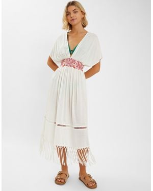 Accessorize Palm Embroidered Fringe Kaftan Dress - White