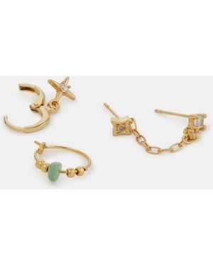 Accessorize 14Ct-Plated Quartz Healing Stone Stud & Hoop Earrings Set - Metallic