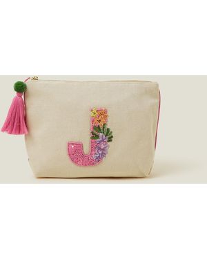 Accessorize Cream, And Embellished Cotton Initial Make Up Bag - Natural