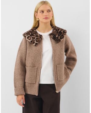 Accessorize Faux Fur Leopard Print Collar Cardigan - Natural