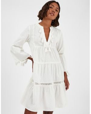 Accessorize Flute Sleeve Tassel Tiered Mini Dress - White