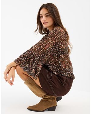 Accessorize Paisley Print Floral Ruffle Blouse Top - Brown