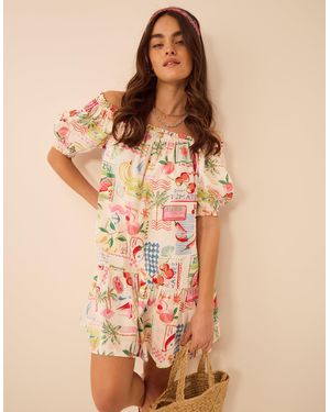 Accessorize Postcard Print Puff Sleeve Mini Dress - Natural