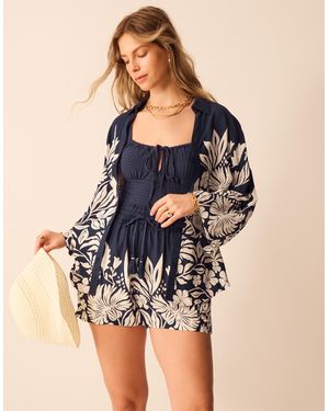 Accessorize Long Sleeve Collared Shirt Regular Floral Print, & Cream - Blue