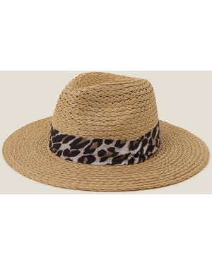 Accessorize Leopard Trim Straw Fedora Hat Natural