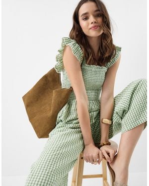 Accessorize Sleeveless Square Neck Cotton Gingham Print Frill Jumpsuit - Green