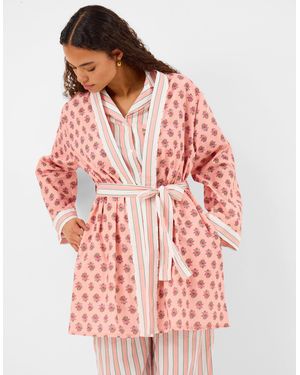 Accessorize Block Print Cotton Short Dressing Gown - Red