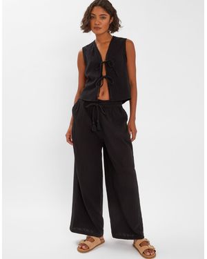 Accessorize Wide Leg Relaxed Fit Cotton Crinkle Beach Trousers - Black
