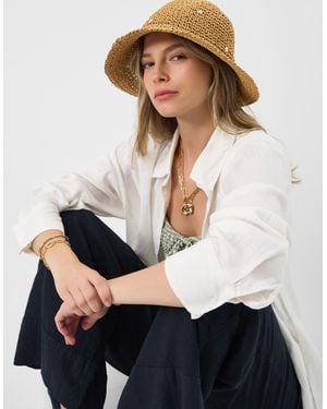 Accessorize Beaded Flower Straw Bucket Hat - White
