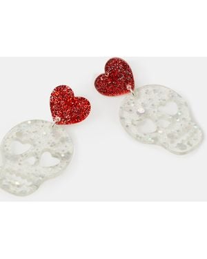 Accessorize Halloween Glitter Skull Drop Earrings - Red
