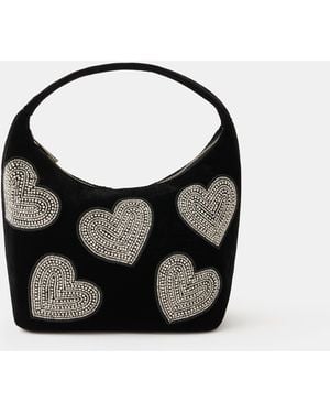 Accessorize Heart Embellished Velvet Handbag - Black