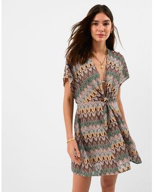 Accessorize Mini Short Sleeve V-Neck Beach Kaftan Crochet Natural - Brown