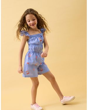 Accessorize Cherry Embroidered Playsuit - Blue