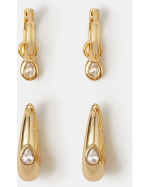 Accessorize 2-Pack 14Ct-Plated Teardrop Stone Hoop Earrings - Metallic