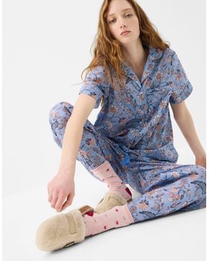 Accessorize Floral Print Cotton Long Pyjamas Set - Blue