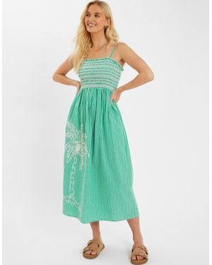 Accessorize Palm Embroidered Stripe Midi Dress - Green