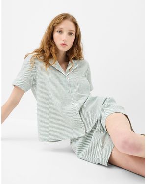 Accessorize Short Sleeve Collared Neck Cotton Striped Stripe Pyjamas Set - White
