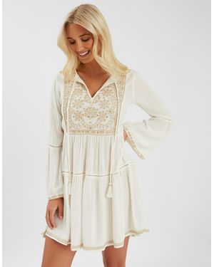 Accessorize Embroidered Flute-Sleeve Mini Dress - White
