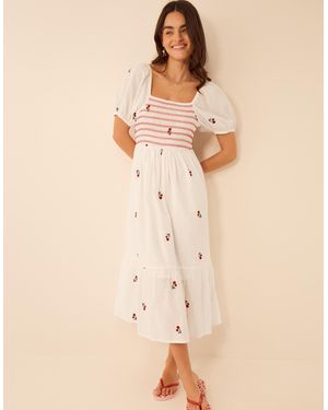 Accessorize Cotton Cherry Embroidered Puff Sleeve Midi Dress - Natural