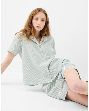 Accessorize Short Sleeve Collared Neck Cotton Striped Stripe Pyjamas Set - White