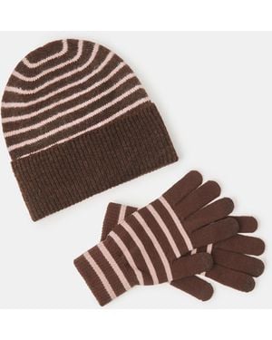 Accessorize Stripe Beanie & Gloves Set - Brown