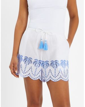 Accessorize Palm Embroidered Cotton Drawstring Shorts - Blue