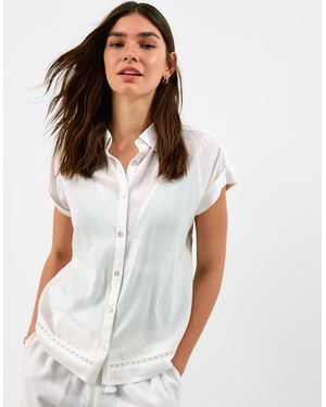 Accessorize Short Sleeve Collared Shirt T-Shirts Regular Lace Trim Linen Blend - White