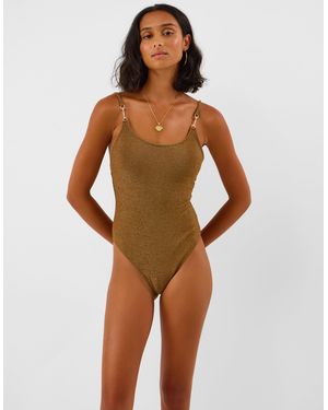 Accessorize One-Piece Shimmer Metal Strap Swimsuit - Brown