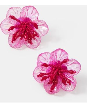 Accessorize Beaded Hibiscus Stud Earrings - Pink
