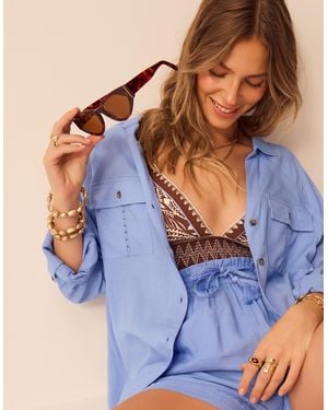 Accessorize Long Sleeve Collared Shirt Regular Lace Trim Beach Cover Up - Blue