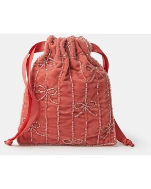 Accessorize Embellished Bow Velvet Drawstring Bag - Red