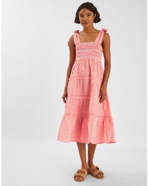 Accessorize Gingham Smocked Frilly Midi Dress - Pink