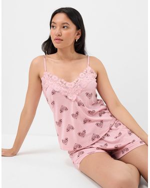Accessorize Sleeveless V-Neck Heart Print Lace Trim Short Pyjamas Set Multi - Pink