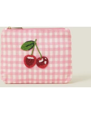 Accessorize Cherry Beaded Gingham Pouch - Pink