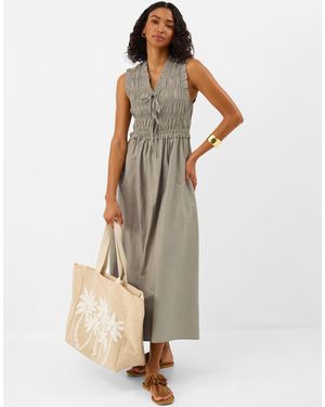 Accessorize Cotton Smocked Tie Front Midi Dress Khaki - Natural