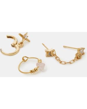 Accessorize 14Ct-Plated Quartz Healing Stone Stud & Hoop Earrings Set - Metallic