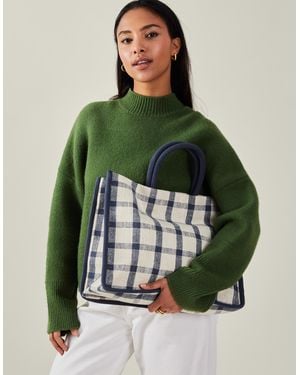 Accessorize And Cream Checked Cotton Woven Check Print Shopper Bag - Green