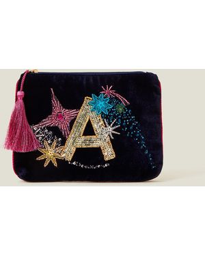 Accessorize And Embellished Velvet Initial Medium Pouch - Blue