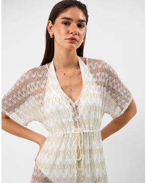 Accessorize Maxi Short Sleeve V-Neck Beach Kaftan Side Slits Crochet Dress - White