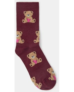 Accessorize Teddy Bear Print Socks - Red
