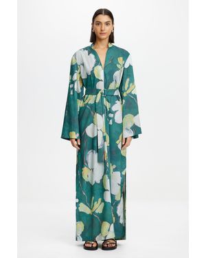Acler Dark Forest Plum Maxi Dress For Long Sleeve, Belted Waist, Unique Print - Green
