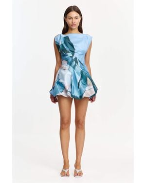 Acler Falldon Mini Dress By Woven Stretch Dupion, Placement Print Detail, Fully Lined, Opaque, Not Sheer - Blue