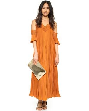 Self-Portrait Pleated Off-The-Shoulder Crepe and Chiffon-Blend Maxi Dress - Orange