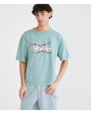 Aéropostale Floral Tattoo Boxy Graphic Tee - Blue