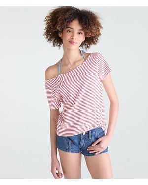 Aéropostale Seriously Soft Striped Off-The-Shoulder Vintage Fit Tee - Red
